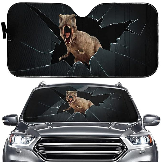 Dinosaur Car Sun Shade Tyrannosaurus Breaking Glass Graphic Winshield Sun Shade Black Brown