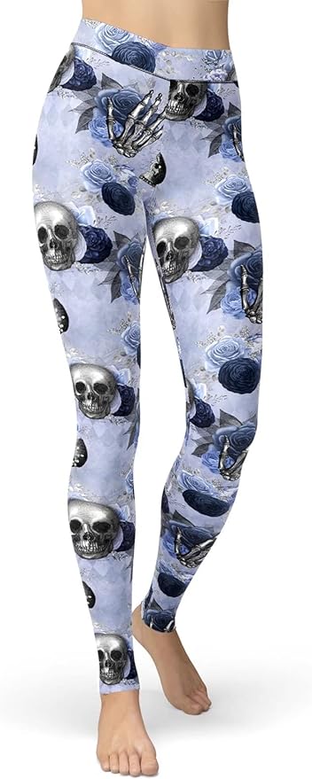 Skull Leggings Flower Skull Hand Bone Pattern High Waisted Legging Blue For Women