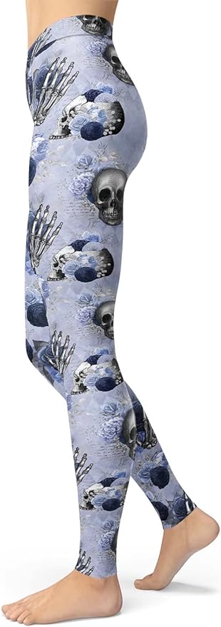 Skull Leggings Flower Skull Hand Bone Pattern High Waisted Legging Blue For Women