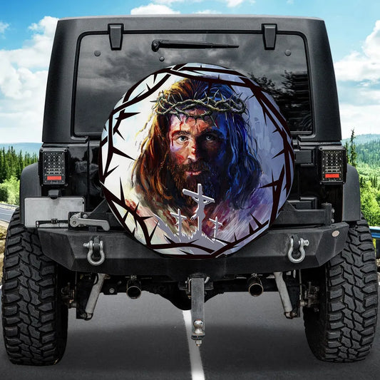 Jesus Spare Tire Cover Christ Crown Of Thorn Painting Art Tire Covers White