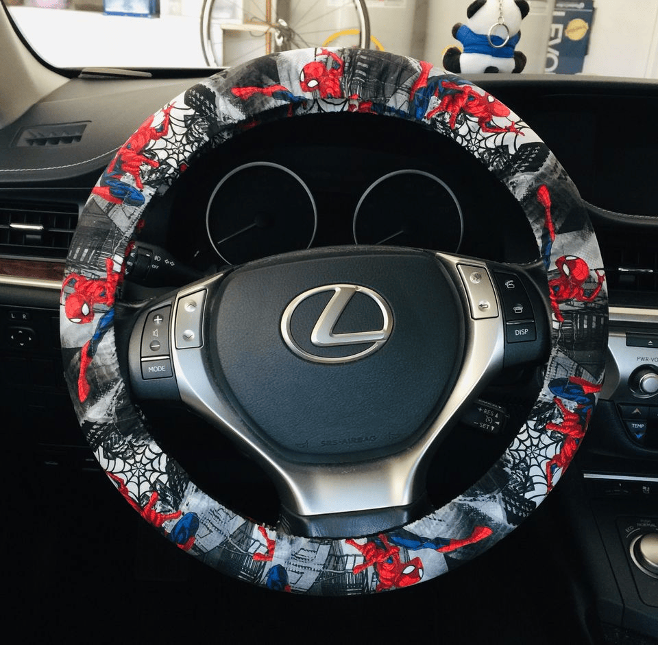 Spiderman Steering Wheel Cover Spiderman Web Swinging In City Driving Wheel Cover Black Red