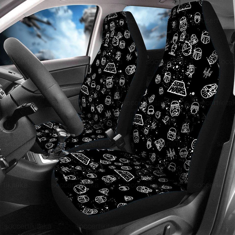 SW Car Seat Covers SW Helmet Spaceship Items Pattern Seat Covers Black White