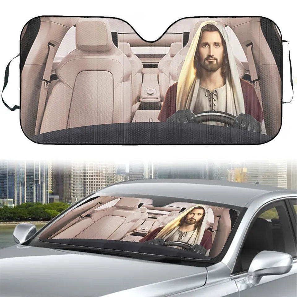 Jesus Car Sun Shade Jesus Driving In Car Winshield Sun Shade White