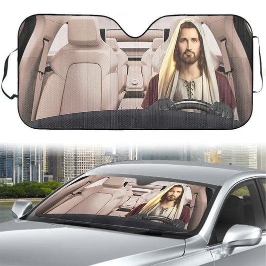 Jesus Car Sun Shade Jesus Driving In Car Winshield Sun Shade White