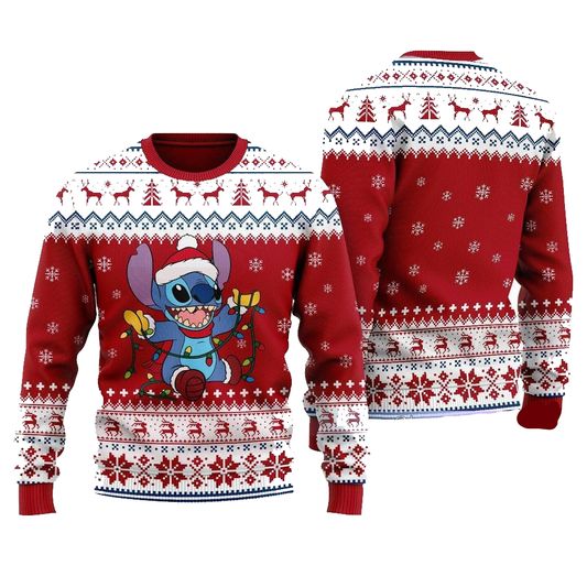 DN Stitch Sweatshirt Stitch Plays With Lights Sweatshirt Red White Unisex