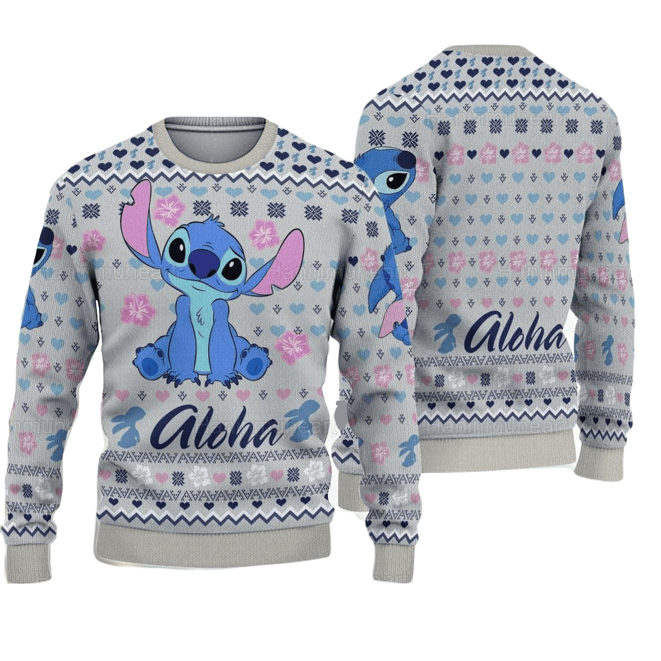 DN Stitch Sweatshirt Cute Stitch Aloha Heart Pattern Sweatshirt Gray Unisex