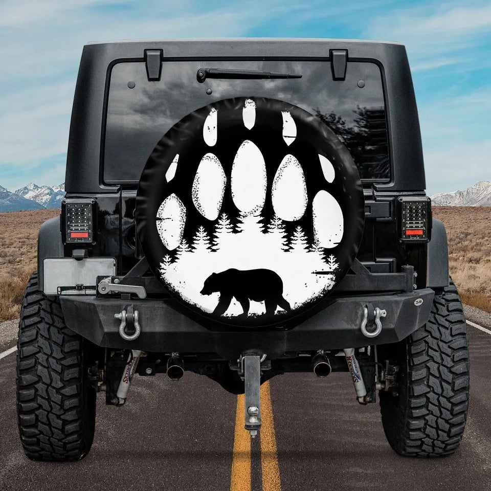 Bear Spare Tire Cover Bear Claw Silhouette In The Forest Tire Covers Black White