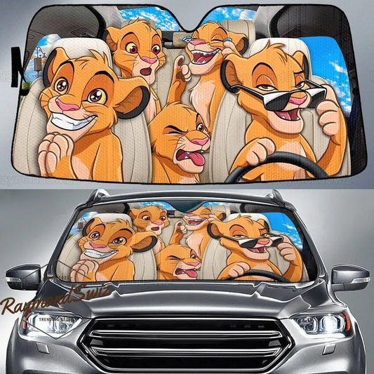 LK Car Sun Shade Funny Simba All Emotions Pattern Winshield Sun Shade White Brown