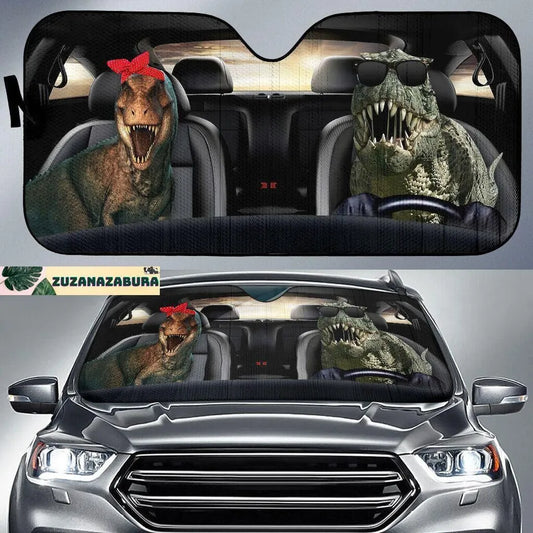 Dinosaur Car Sun Shade Dinosaur With Ribbon And Glasses Winshield Sun Shade Black Green