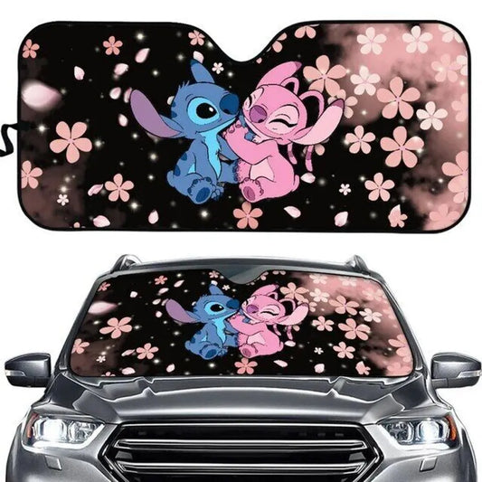 Stitch Car Sun Shade Stitch And Angel Cherry Blossom Flowers Winshield Sun Shade Black Pink