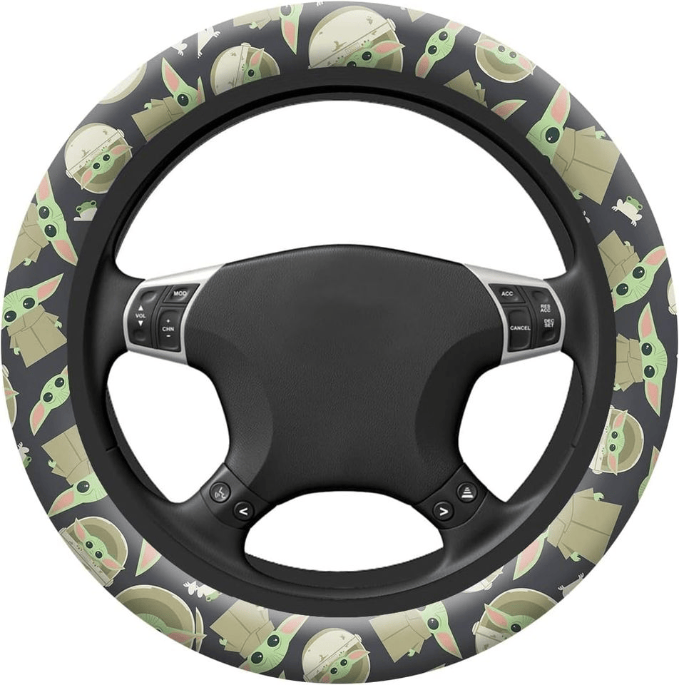 SW Steering Wheel Cover Cute Cartoon Style Baby Yoda Pattern Driving Wheel Cover Green Black