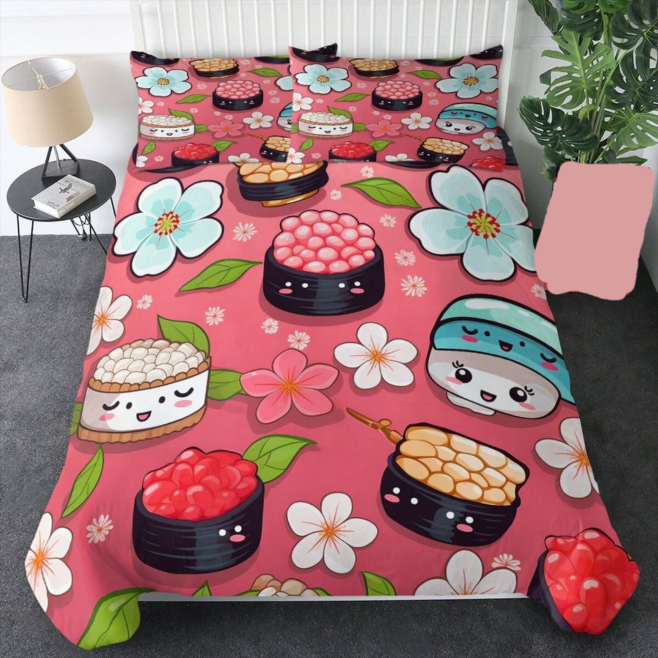 Japan Bedding Set Japanese Chibi Cute Sushi Pattern Duvet Covers Pink Unique Gift