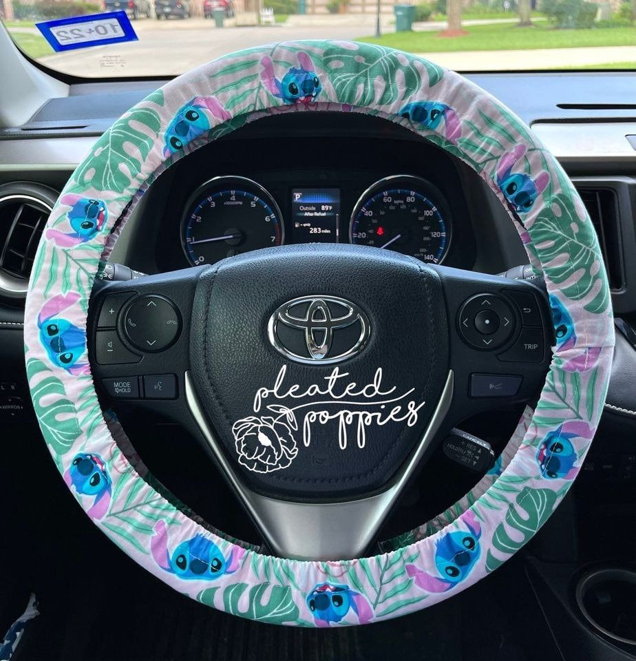 Stitch Steering Wheel Cover Stitch Faces Tropical Leaves Pattern Driving Wheel Cover Green Blue