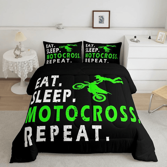 Motorcycle Bedding Set Eat Sleep Motocross Repeat Duvet Covers Black Green Unique Gift