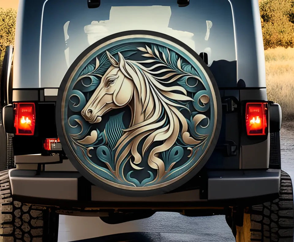 Horse Spare Tire Cover Horse And Leaves Metal Style Tire Covers Blue White