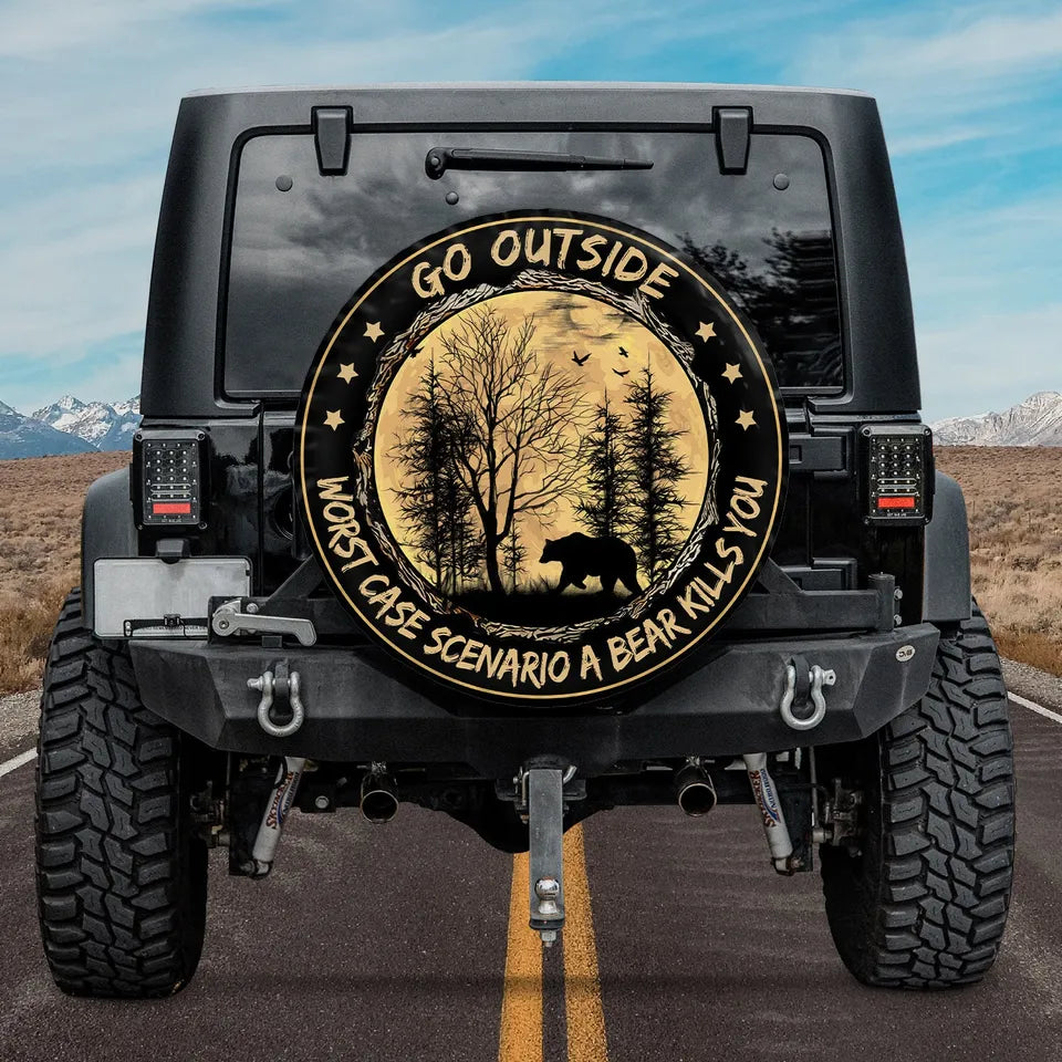 Bear Spare Tire Cover Go Outside Bear With Moon In Forest Tire Covers Black Yellow