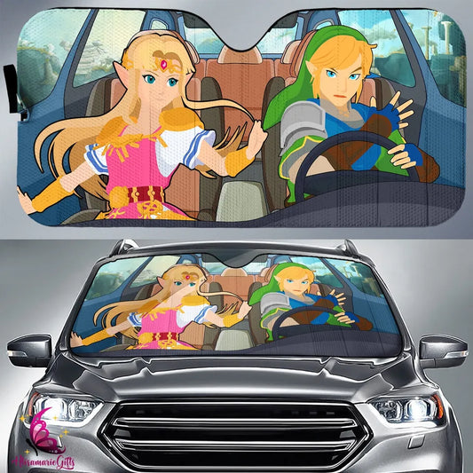 Legend Of Zelda Car Sun Shade Zelda And Link Driving In Car Winshield Sun Shade Colorful