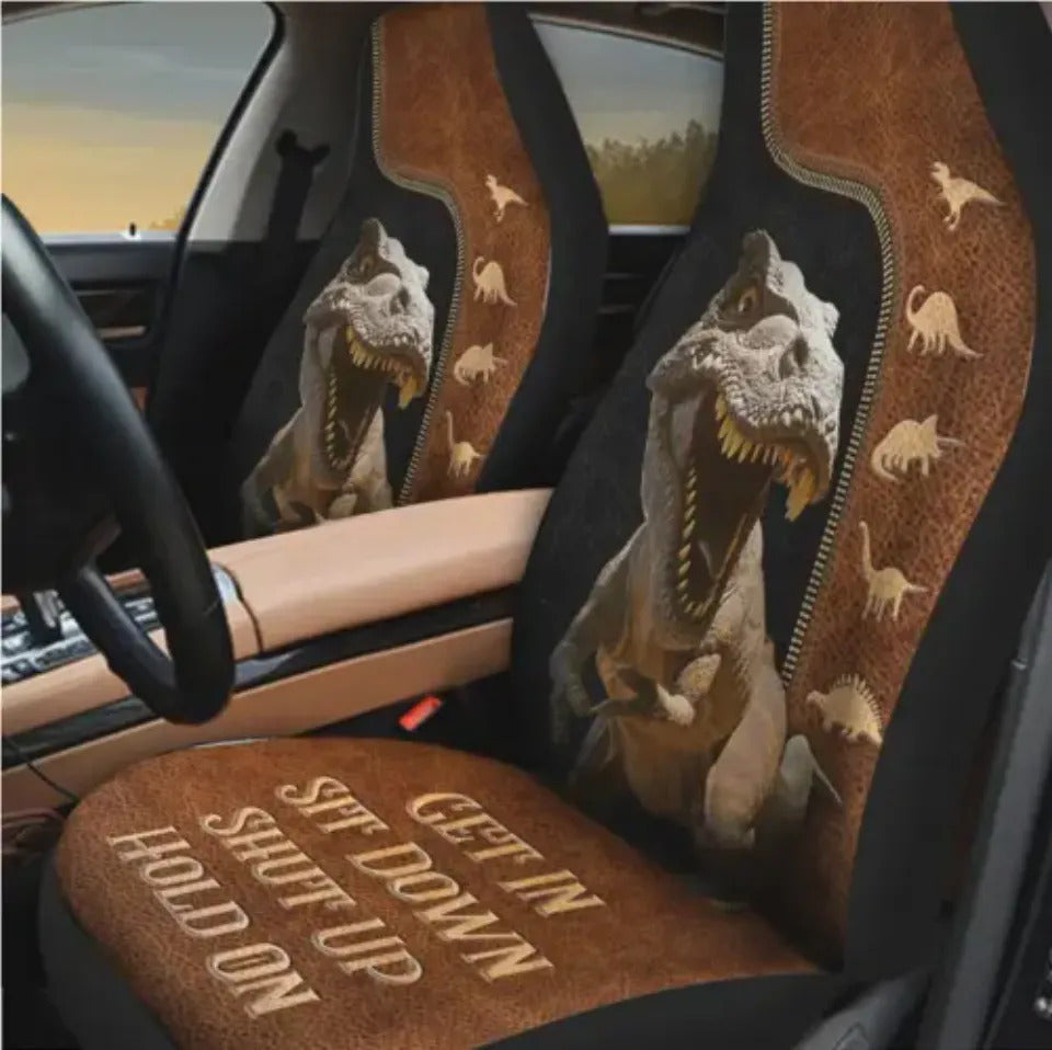 Dinosaur Car Seat Covers T-Rex Get In Sit Down Shut Up Seat Covers Brown