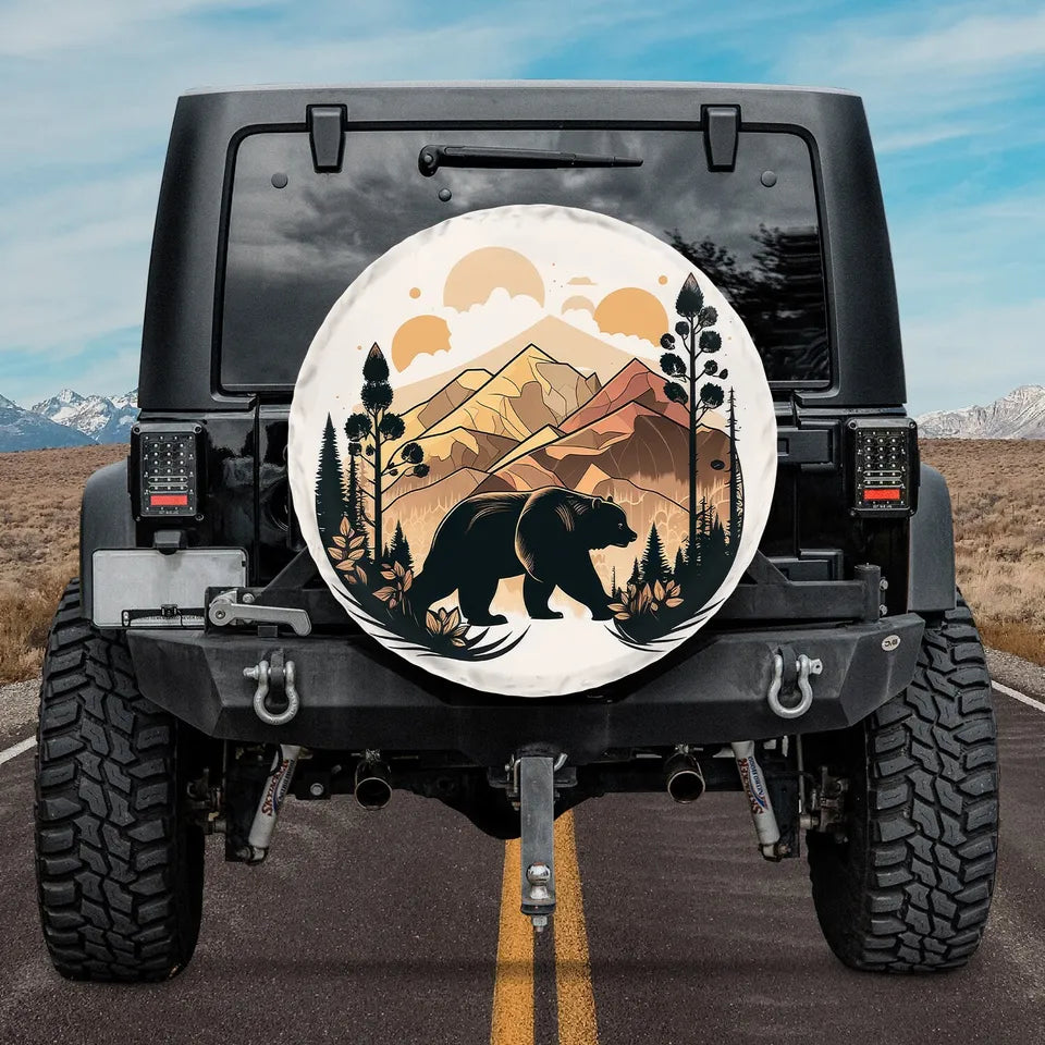 Bear Spare Tire Cover Bear Walking Montain Scene Graphic Tire Covers Brown White