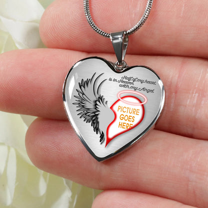 Personalized Memorial Heart Necklace Half Of My Heart Is In Heaven With My Angel For Mom Dad Daughter Somone Custom Memorial Gift M49