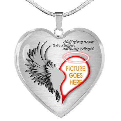 Personalized Memorial Heart Necklace Half Of My Heart Is In Heaven With My Angel For Mom Dad Daughter Somone Custom Memorial Gift M49