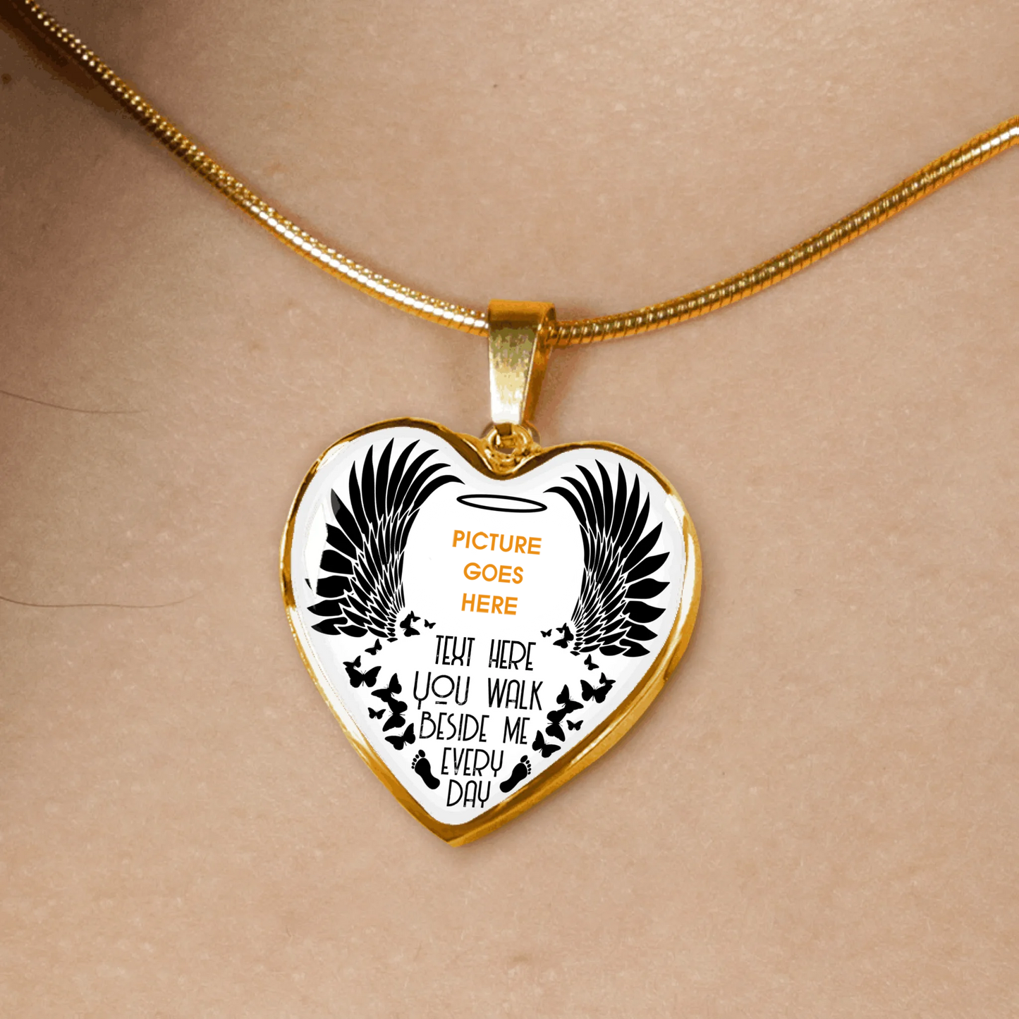 Personalized Memorial Heart Necklace You Walk Beside Me Everyday Angel Wings For Mom Dad Grandma Daughter Son Custom Memorial Gift M164