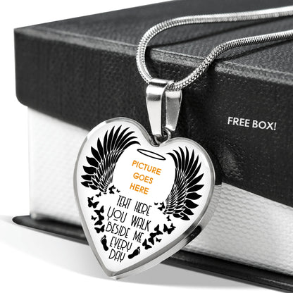 Personalized Memorial Heart Necklace You Walk Beside Me Everyday Angel Wings For Mom Dad Grandma Daughter Son Custom Memorial Gift M164