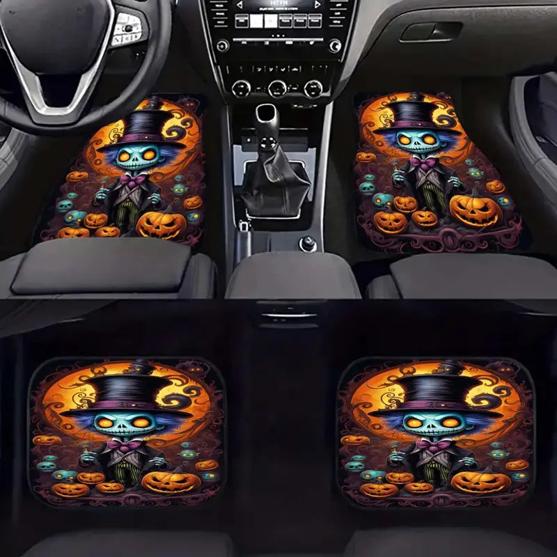 Halloween Car Mats Halloween Yellow-Eyed Ghost And Pumpkin Pattern Car Floor Mats Black Orange