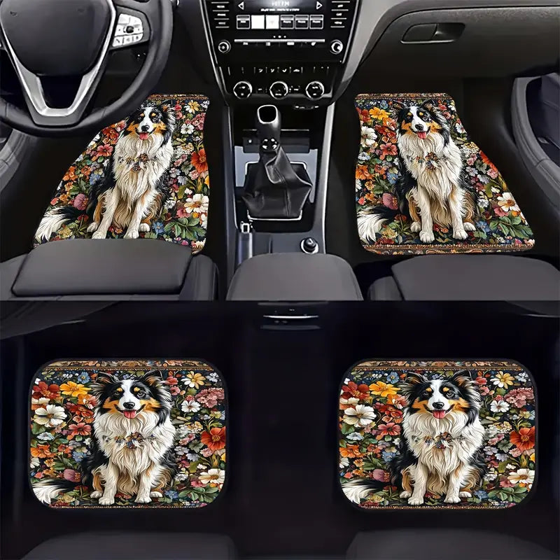 Dog Car Floor Mats Pretty Border Collie With Flower Pattern Car Mats