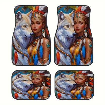 Native American Car Mats Tribal Woman And Wolf Graphic Car Floor Mats Colorful