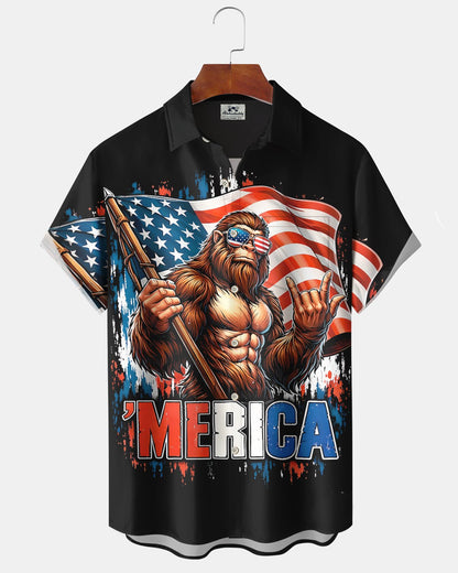 Alohadaddy® Men's Short-Sleeve Button-Down Cardigan Shirt USA 250th Anniversary & Bigfoot Graphic Print
