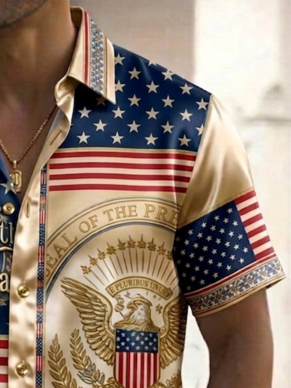 Alohadaddy® Men's Holiday American 250th Anniversary Golden Satin Bald Eagle Print Button Down Short-Sleeve Big & Tall