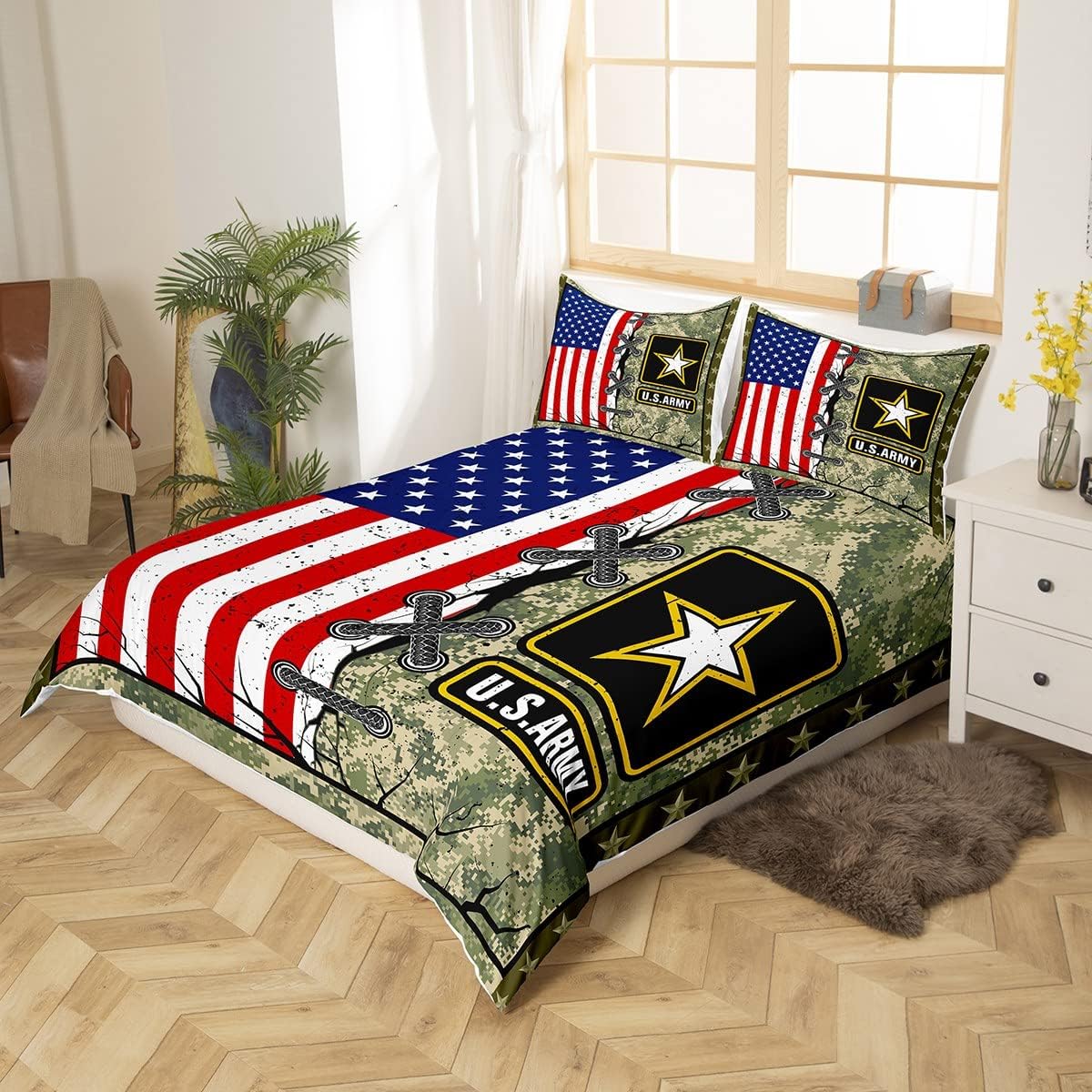 Veteran Bedding Set US Army American Flag Camoflage Pattern Duvet Covers Green Unique Gift