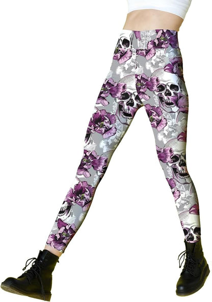 Skull Leggings Scary Skull And Flower Pattern High Waisted Legging Purple Gray For Women