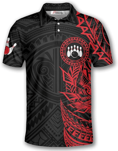 Bowling Polo Shirt Bowling Pins Tribal Pattern Boys Polo Shirts Red Black