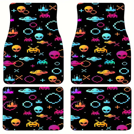 Alien Car Mats Pixel Alien Monster UFO Pattern Car Floor Mats Colorful