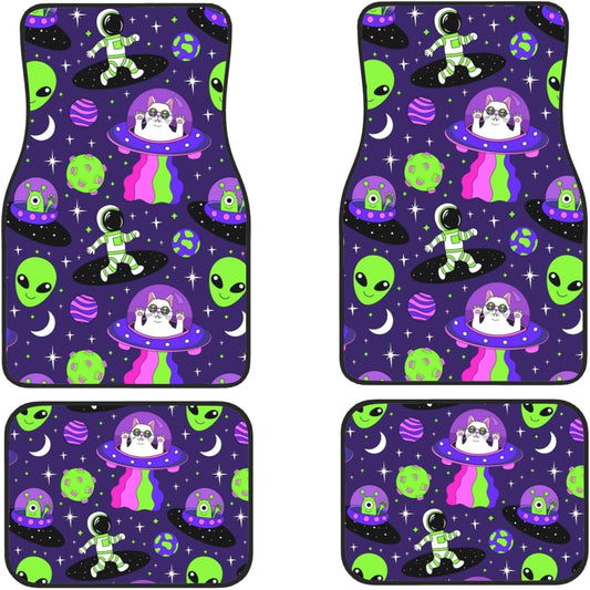 Alien Car Mats Astronaut Alien Cat In UFO Pattern Car Floor Mats Purple