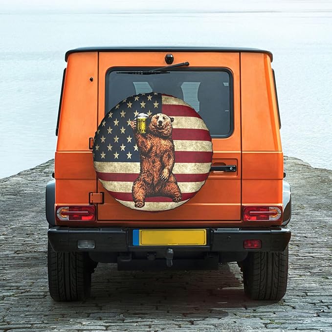 Bear Spare Tire Cover Vintage Happy Camper Bear American Flag Tire Covers Red Brown