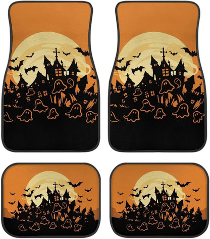 Halloween Car Mats Halloween Castle Bat Ghost Pattern Car Floor Mats Black Orange