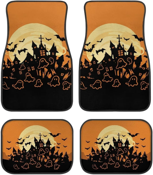 Halloween Car Mats Halloween Castle Bat Ghost Pattern Car Floor Mats Black Orange