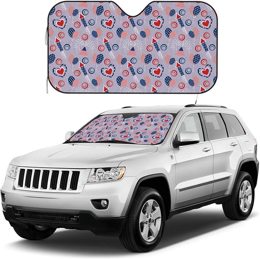 4th Of July Car Sun Shade Fireworks Balloon Heart Pattern Winshield Sun Shade Red Blue