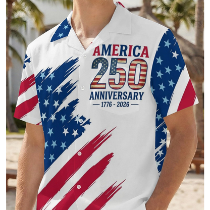 Men’s U.S. 250th Anniversary Hawaiian Shirt, Patriotic American Flag Button Down, 1776 2026 Independence Day Outfit