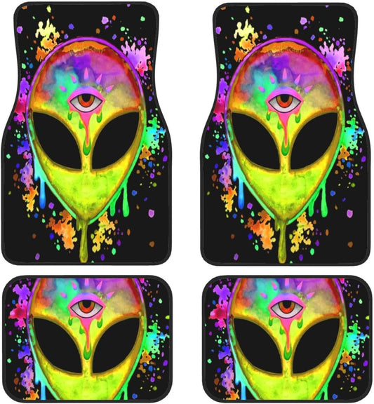 Alien Car Mats Rainbow Splatter Space Third Eye Alien Car Floor Mats Colorful