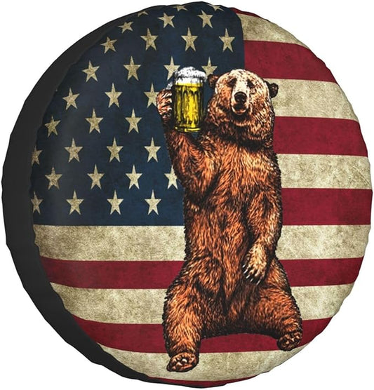 Bear Spare Tire Cover Vintage Happy Camper Bear American Flag Tire Covers Red Brown