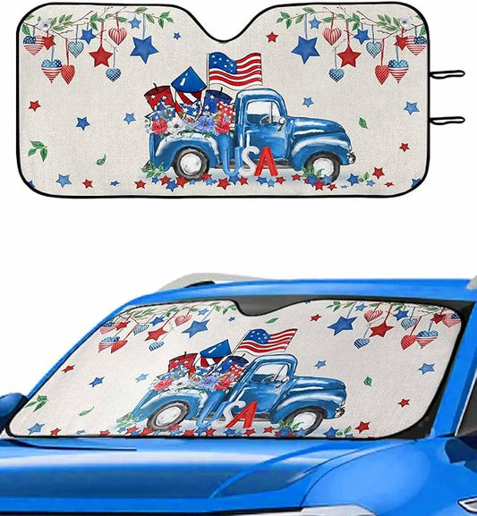 4th Of July Car Sun Shade USA Truck Full With Fireworks Winshield Sun Shade Red Blue