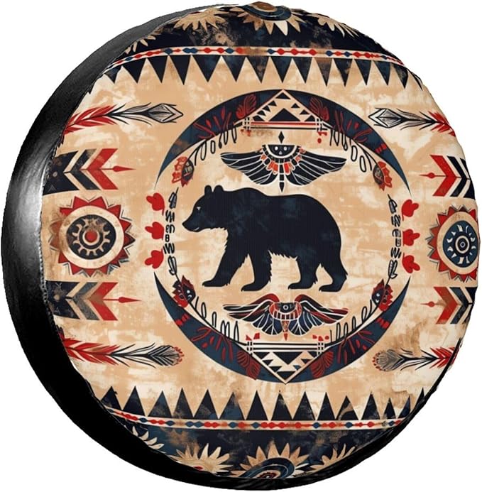 Bear Spare Tire Cover Native American Pattern Bear Silhouette Tire Covers Black Brown