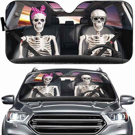 Skull Car Sun Shade Skull With Bow And Glasses Winshield Sun Shade Black White