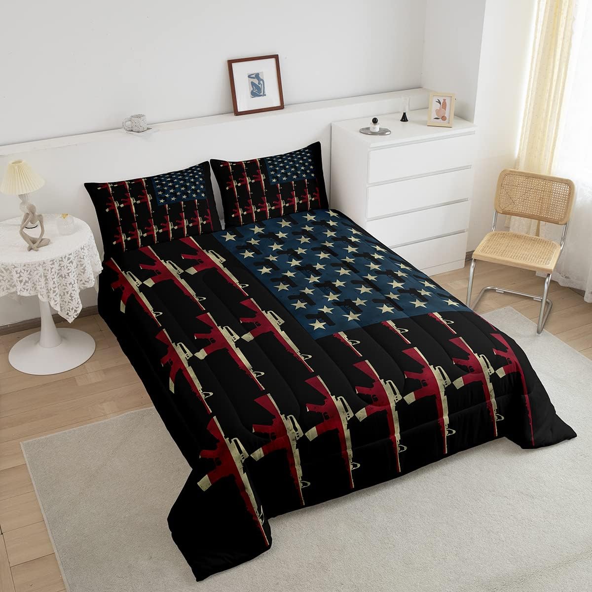 Veteran Bedding Set American Flag Military Weapon Pattern Duvet Covers Black Unique Gift