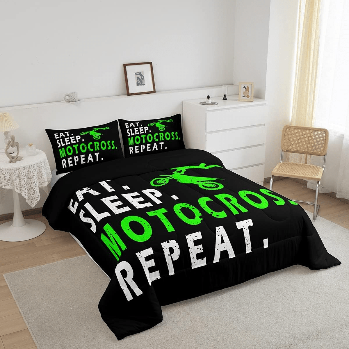 Motorcycle Bedding Set Eat Sleep Motocross Repeat Duvet Covers Black Green Unique Gift