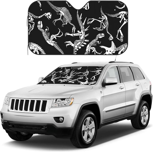 Dinosaur Car Sun Shade Dinosaur Skull Skeleton Pattern Winshield Sun Shade Black White